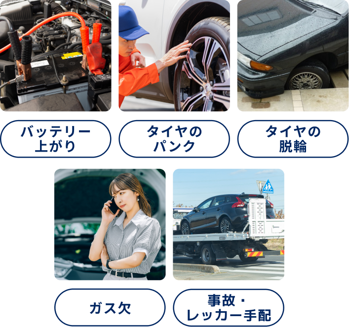 バッテリー上がり、タイヤのパンク・脱輪、ガス欠、事故レッカー、鍵の閉じ込み——車のトラブル対応メニューを一覧で示す画像